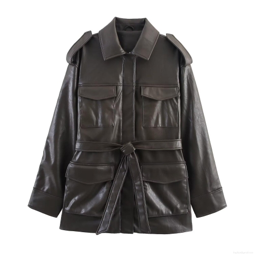 Women PU Leather Jacket With Belt And Four Pockets Vintage Western Streetwear Faux Leather Coat Long Sleeve Outerwear Lapel Neck Coffee