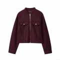 Women's Short Bomber Jacket 100% Polyester Burgundy Zipper Long Sleeve Pocket Outerwear Streetwear Casual Coat For Autumn Winter