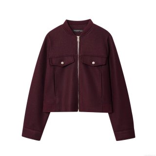 Women's Short Bomber Jacket 100% Polyester Burgundy Zipper Long Sleeve Pocket Outerwear Streetwear Casual Coat For Autumn Winter
