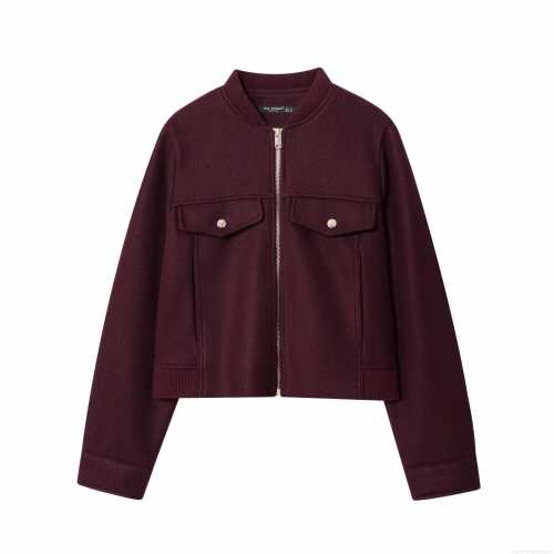 Women's Short Bomber Jacket 100% Polyester Burgundy Zipper Long Sleeve Pocket Outerwear Streetwear Casual Coat For Autumn Winter