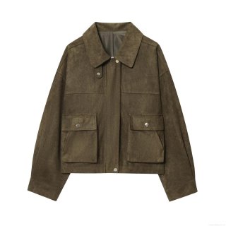 Women's Faux Suede Jacket Lapel Collar Utility Pocket Bomber Outerwear Loose Fit Streetwear Polyester Coat With Metal Buttons For Autumn