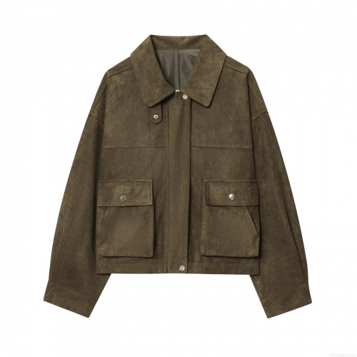 Women's Faux Suede Jacket Lapel Collar Utility Pocket Bomber Outerwear Loose Fit Streetwear Polyester Coat With Metal Buttons For Autumn