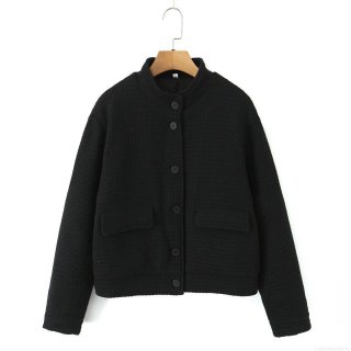 Women's Vintage Tweed Texture Padded Jacket Stand Collar Single Breasted Long Sleeve Warm Cotton Coat With Flap Pockets And Quilted Lining Black Streetwear Outerwear For Autumn Winter