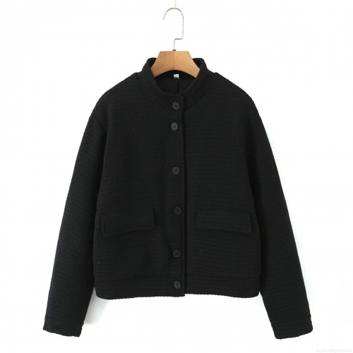 Women's Vintage Tweed Texture Padded Jacket Stand Collar Single Breasted Long Sleeve Warm Cotton Coat With Flap Pockets And Quilted Lining Black Streetwear Outerwear For Autumn Winter