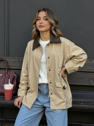 Women's Streetwear Trench Coat With Contrast Faux Leather Lapel Collar Drawstring Waist Medium Length Windbreaker Cotton Jacket For Outdoor Casual Autumn