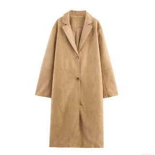 Women's Fall Winter Khaki Long Suedette Coat Loose Fit Lapel Collar Single Breasted Jacket Outerwear Streetwear for Women