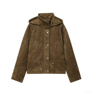 Women's Autumn Winter Faux Suede Hooded Jacket Waist Drawstring Solid Color Long Sleeve Casual Outerwear Coat With Metal Buttons