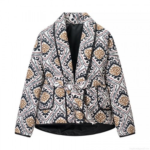 Ethnic Geometric Print Quilted Jacket With Waist Tie Women's Long Sleeve V-Neck Polyester Padded Outerwear Winter Casual Warm Streetwear Coat