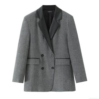 Womens British Vintage Herringbone Blazer Polyester Jacket With Faux Leather Patchwork Collar Double Breasted Long Sleeve Casual Streetwear Outerwear Top