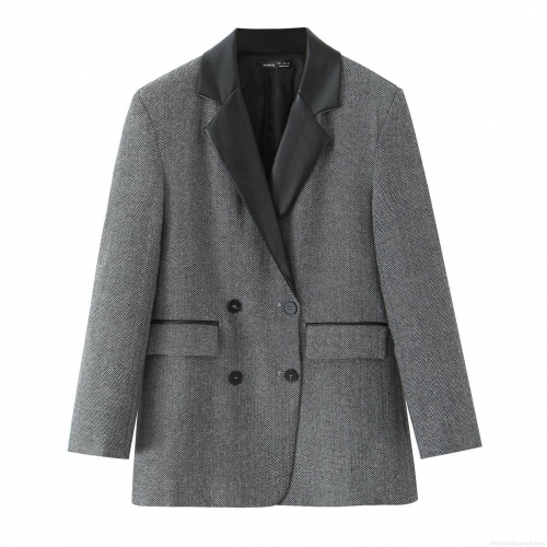 Womens British Vintage Herringbone Blazer Polyester Jacket With Faux Leather Patchwork Collar Double Breasted Long Sleeve Casual Streetwear Outerwear Top