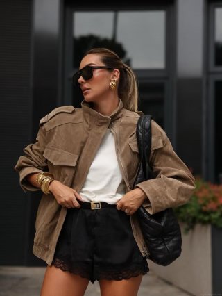 Women's Faux Suede Jacket Stand Collar Loose Fit Utility Outerwear Coat With Pockets Long Sleeve Zip Up Streetwear For Autumn Winter Ladies