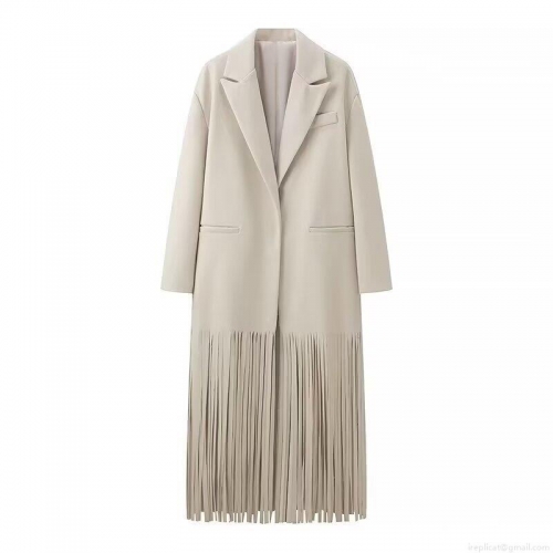 Women's European Street Style Long Sleeve Lapel Trench Coat With Tassel Hem Solid Color Polyester Long Jacket Overcoat For Autumn Winter