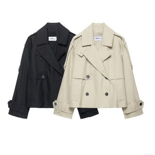 Women's Short Trench Coat 100% Polyester Double Breasted Lapel Long Sleeve Windbreaker Jacket With Epaulettes Autumn Fashion Streetwear Outerwear For Women