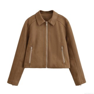 Women's Faux Suede Jacket Vintage Solid Color Full Zipper Lapel Collar Long Sleeve Outerwear Fashion Streetwear Short Coat Autumn Winter