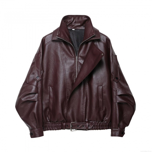 Women's Deep Wine Red PU Leather Moto Jacket Double Collar Pleated Cuffs Zipper Biker Coat Long Sleeve Streetwear Outerwear Ladies
