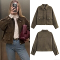 Women's Casual Faux Suede Jacket Cargo Pockets Lapel Long Sleeve Zipper Short Outerwear Coat Streetwear Fashion Polyester Fabric Suede Coat