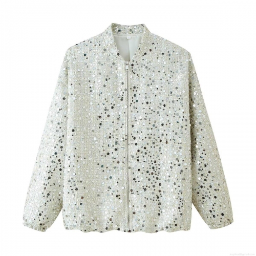 Women's Sparkling Silver Sequin Baseball Jacket Loose Fit Zip Up Bomber Jacket Long Sleeve Tweed Glitter Outerwear For Party Clubwear Streetwear