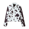 Women's Cow Print Lapel Long Sleeve Jacket Polyester Patchwork Street Style Button Down Baseball Uniform Outerwear Coat For Autumn