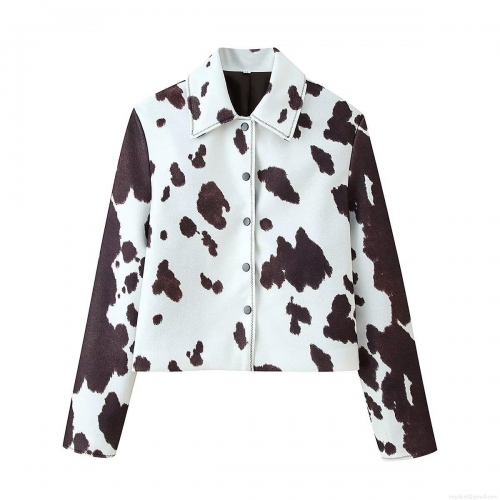 Women's Cow Print Lapel Long Sleeve Jacket Polyester Patchwork Street Style Button Down Baseball Uniform Outerwear Coat For Autumn