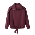 Women's Wine Red Polyester Jacket Outerwear With Zipper Drawstring Hem And Shoulder Straps Casual Solid Color Long Sleeve Lapel Coat Autumn Streetwear