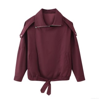Women's Wine Red Polyester Jacket Outerwear With Zipper Drawstring Hem And Shoulder Straps Casual Solid Color Long Sleeve Lapel Coat Autumn Streetwear