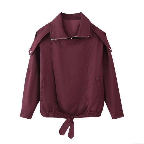 Women's Wine Red Polyester Jacket Outerwear With Zipper Drawstring Hem And Shoulder Straps Casual Solid Color Long Sleeve Lapel Coat Autumn Streetwear