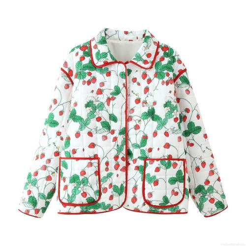 Women's Quilted Jacket Strawberry Print Lapel Long Sleeve Padded Cotton Coat With Pockets Casual Streetwear Winter Outerwear For Ladies