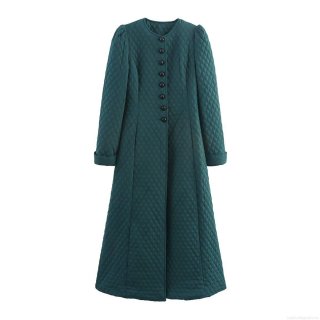 Women's Long Quilted Jacket Polyester Rhombic Grid Round Neck Single Breasted Coat Slim Fit Outerwear Dark Green Streetwear Casual Winter Warm Overcoat