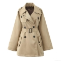 Women's Mid-length Trench Coat 100% Polyester Double-breasted Windbreaker With Belt Lapel Epaulettes Khaki Long Sleeve Outerwear For Women Street Style Casual Fashion