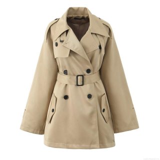 Women's Mid-length Trench Coat 100% Polyester Double-breasted Windbreaker With Belt Lapel Epaulettes Khaki Long Sleeve Outerwear For Women Street Style Casual Fashion