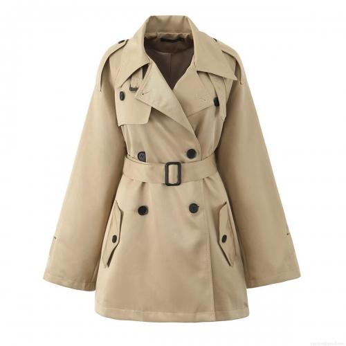 Women's Mid-length Trench Coat 100% Polyester Double-breasted Windbreaker With Belt Lapel Epaulettes Khaki Long Sleeve Outerwear For Women Street Style Casual Fashion