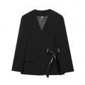Women's Chic Black Blazer Jacket 100% Polyester Long Sleeve V-Neck PU Leather Bow Tie-Side Solid Streetwear Outerwear For Women