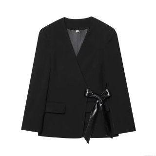 Women's Chic Black Blazer Jacket 100% Polyester Long Sleeve V-Neck PU Leather Bow Tie-Side Solid Streetwear Outerwear For Women