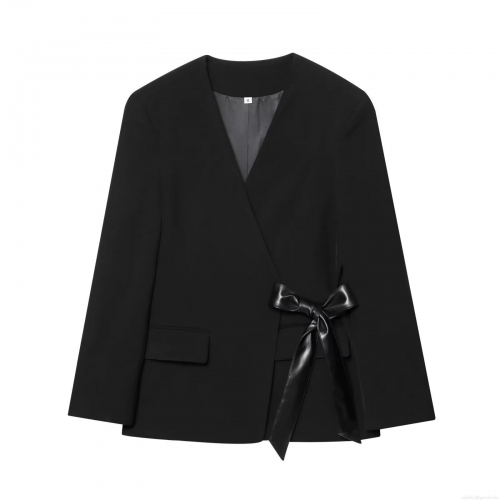 Women's Chic Black Blazer Jacket 100% Polyester Long Sleeve V-Neck PU Leather Bow Tie-Side Solid Streetwear Outerwear For Women