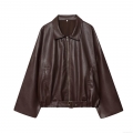 Women's Dark Brown PU Artificial Leather Jacket With Belt Decoration Western Street Style Lapel Zipper Long Sleeve Autumn Winter Outerwear For Women