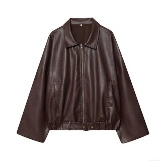 Women's Dark Brown PU Artificial Leather Jacket With Belt Decoration Western Street Style Lapel Zipper Long Sleeve Autumn Winter Outerwear For Women