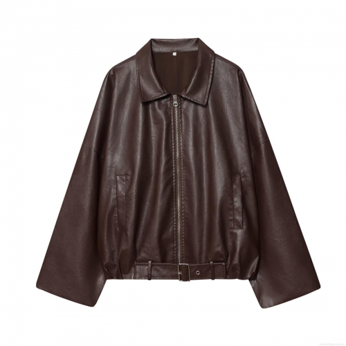 Women's Dark Brown PU Artificial Leather Jacket With Belt Decoration Western Street Style Lapel Zipper Long Sleeve Autumn Winter Outerwear For Women