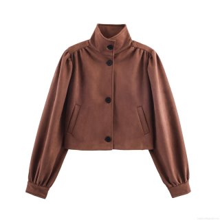 Women's Faux Suede Cropped Jacket With Lantern Sleeves Stand Collar Single Breasted Short Coat For Autumn Winter Chic Streetwear Ladies Outwear