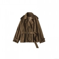 Women's Faux Suede Short Trench Coat With Waist Belt Individual Streetwear Lapel Long Sleeve Jacket Outwear For Autumn Winter