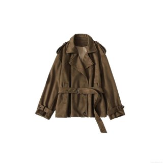 Women's Faux Suede Short Trench Coat With Waist Belt Individual Streetwear Lapel Long Sleeve Jacket Outwear For Autumn Winter