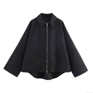 Women's Fall 2025 Oversized Baseball Jacket Western Style Loose Fit Metal Zipper Up Lapel Collar Long Sleeve Polyester Blend Streetwear Outerwear Coat Black