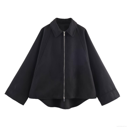 Women's Fall 2025 Oversized Baseball Jacket Western Style Loose Fit Metal Zipper Up Lapel Collar Long Sleeve Polyester Blend Streetwear Outerwear Coat Black