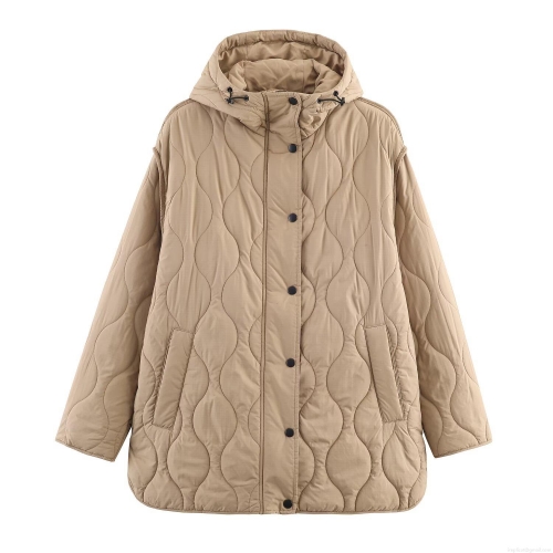 Women's Khaki Hooded Quilted Jacket Loose Fit Mid-Length Warm Winter Puffer Coat With Snap Buttons And Zipper Solid Color Streetwear Padded Outerwear