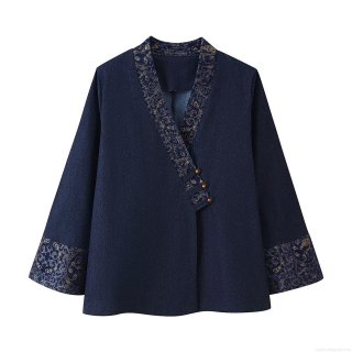 Women's Vintage Chinese Style Denim Jacket V-Neck Loose Long Sleeve Outerwear With Golden Scroll Embroidery Jacquard Cuffs Ethnic Retro Streetwear Coat