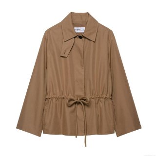 Women's Autumn Stand Collar Long Sleeve Drawstring Waist Single Breasted Solid Color Loose Jacket Street Style Casual Outerwear Coat