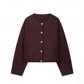 Women Vintage Burgundy Woolen Texture Jacket Gold Button Round Neck Loose Short Coat Autumn Streetwear Fashion Baseball Uniform Long Sleeve Outwear