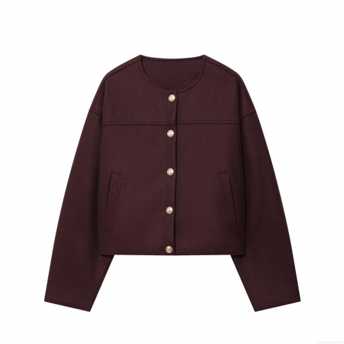 Women Vintage Burgundy Woolen Texture Jacket Gold Button Round Neck Loose Short Coat Autumn Streetwear Fashion Baseball Uniform Long Sleeve Outwear