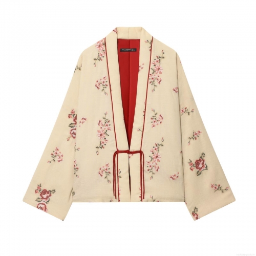 Women's Floral Embroidered Polyester Cotton Padded Jacket With V-Neck Lace-Up Design Retro Kimono Style Loose Fit Beige Outerwear Winter Coat