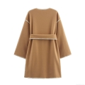 Women Mid-Length Wool-Like Coat Elegant Camel V-Neck Outerwear With Contrast White Wavy Embroidery Edge Waist Tie Belt Streetwear Autumn Jacket
