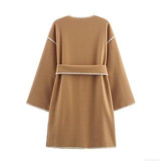 Women Mid-Length Wool-Like Coat Elegant Camel V-Neck Outerwear With Contrast White Wavy Embroidery Edge Waist Tie Belt Streetwear Autumn Jacket